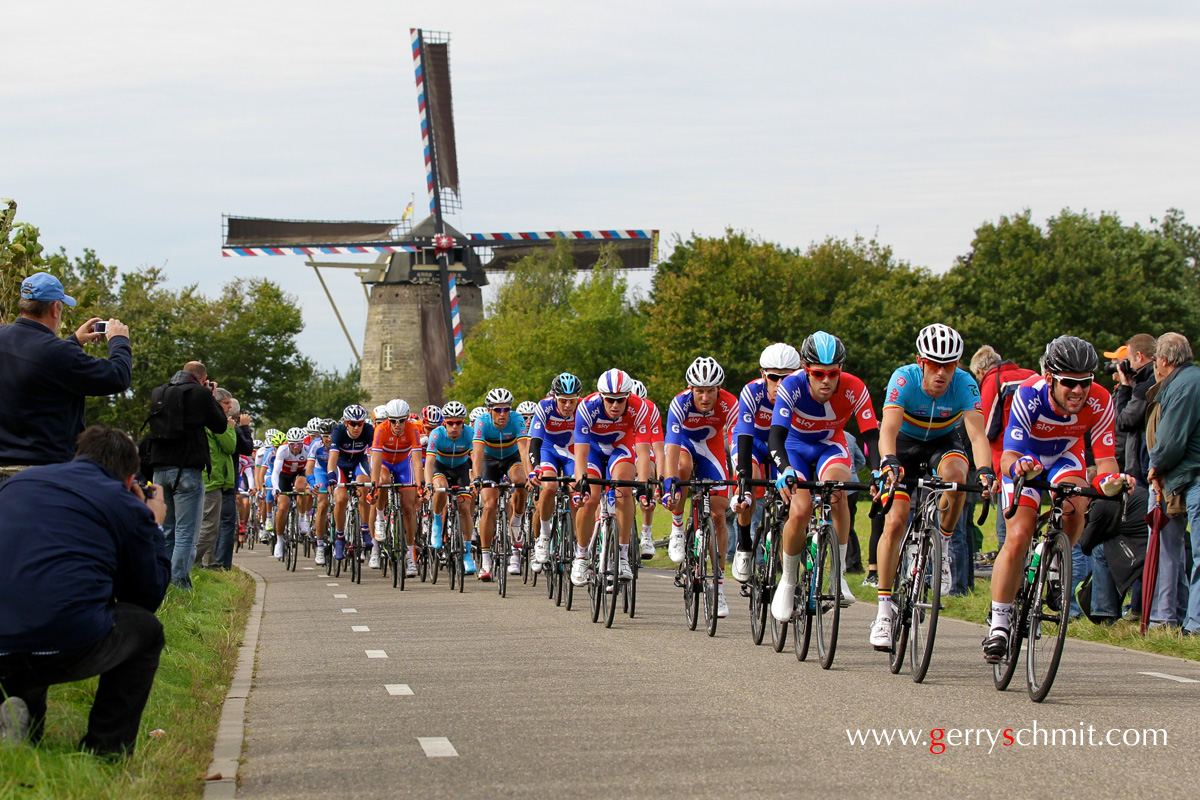 British riders leading the peloton in front of a windmill at the Cycling World Championships in Limburg