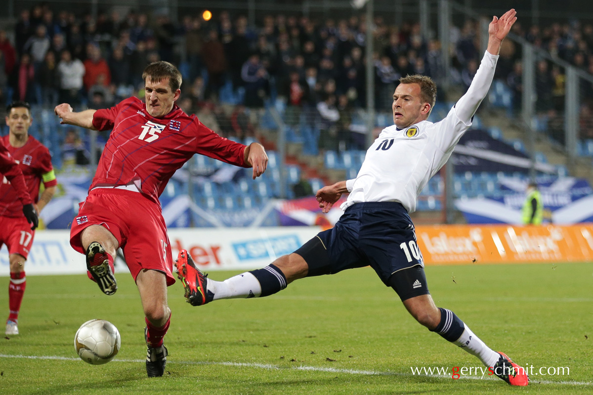 Ante BUKVIC of Luxembourg loosing a duell against Jordan RHODES who puts the score to 0-1 for Scotland