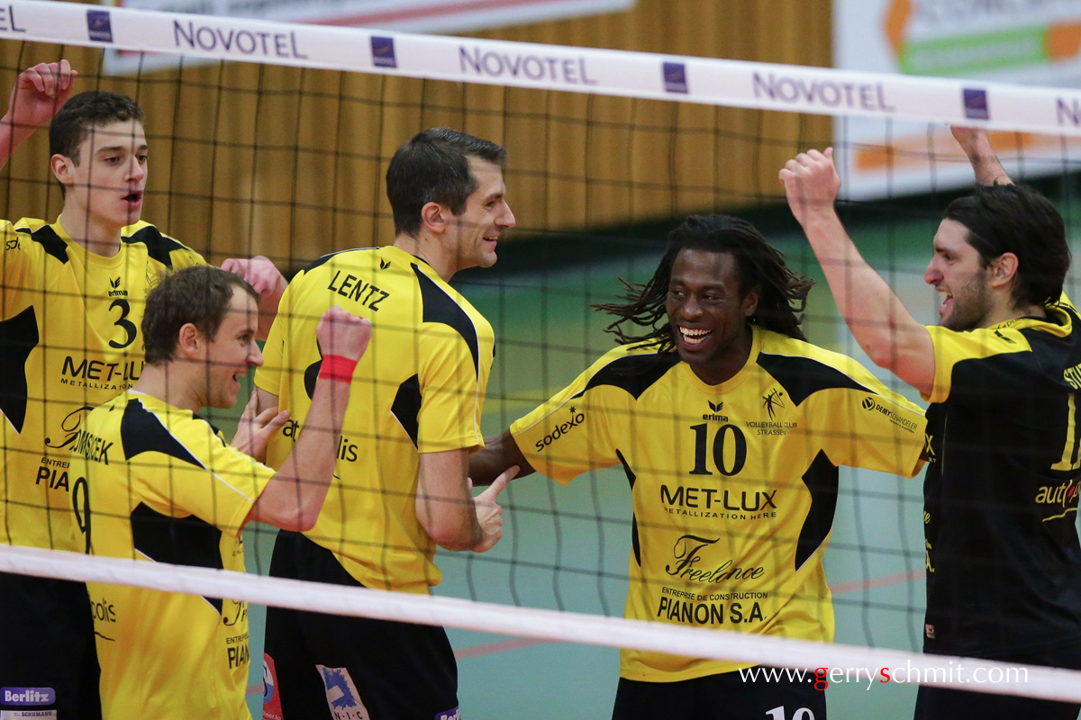 Players of VC Strassen celebrate during the game against CHEV Diekirch. Strassen was down 0-2 and won the game 3-2