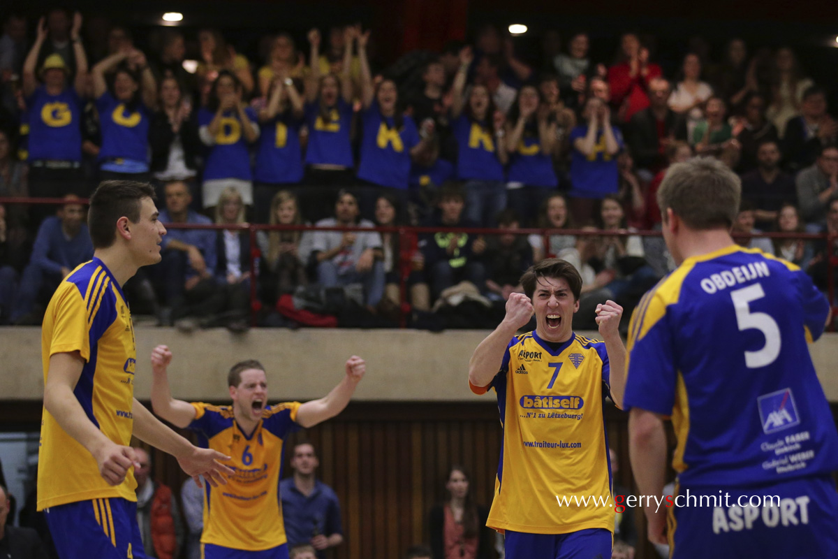 CHEV Diekirch celebrate in front of their crowd during the final of the volleyball championship