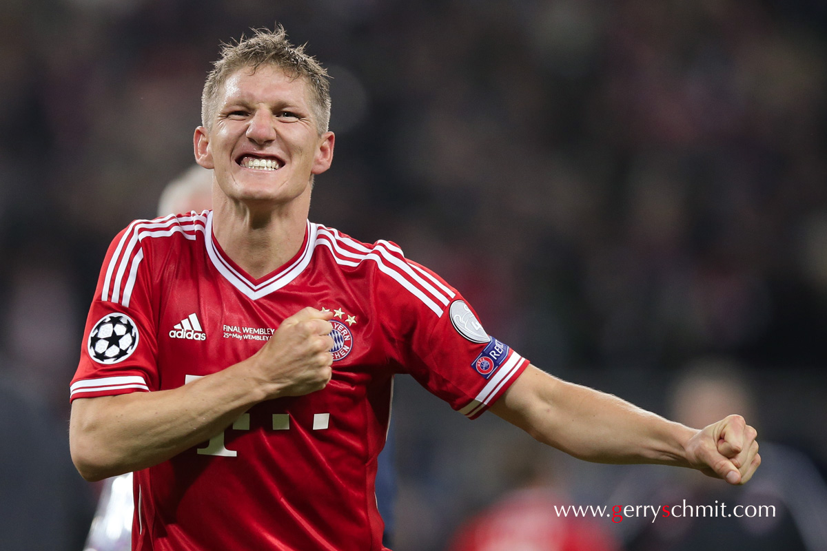 BAstian SCHWEINSTEIGER of Bayern Muenchen hits on his breast after the Champions League Win at Wembley