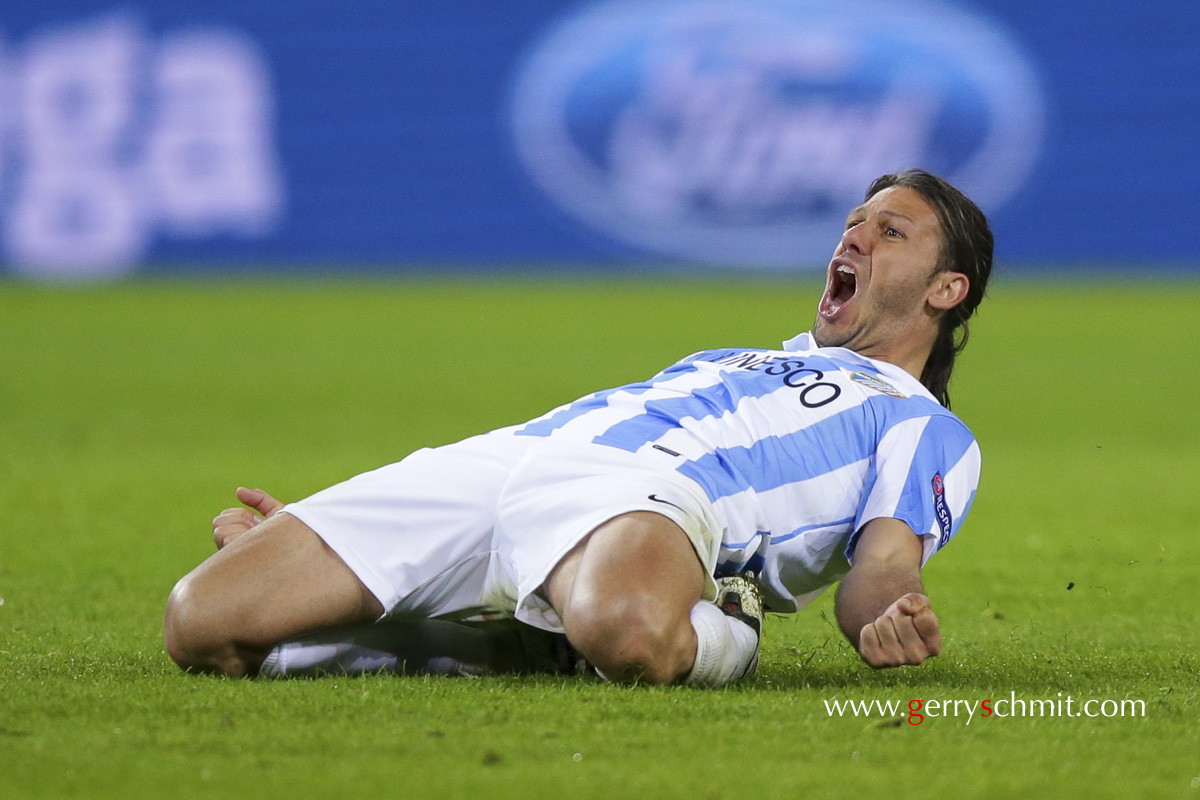 Martin DEMICHELIS (FC Malaga) reacts after his team leads by 1-2 against Dortmund in the quarterfinal game of UCL 2013