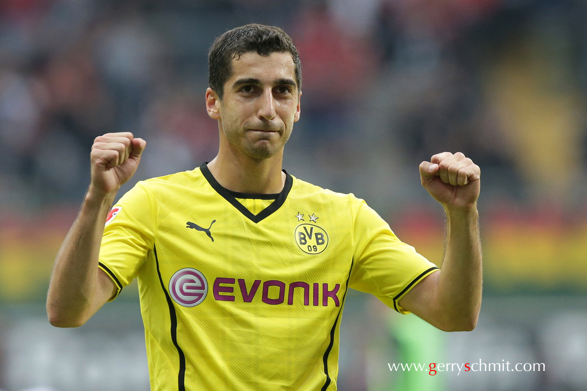 Henrikh Mkhitaryan reacts after he has scored two goals for Borussia Dortmund for the 2-1 victory in Frankfurt