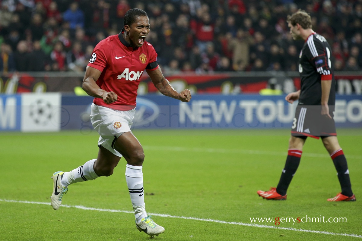 Antonio VALENCIA (Manchester United) reacts after he opened the score against Bayer Leverkusen during a CL Game