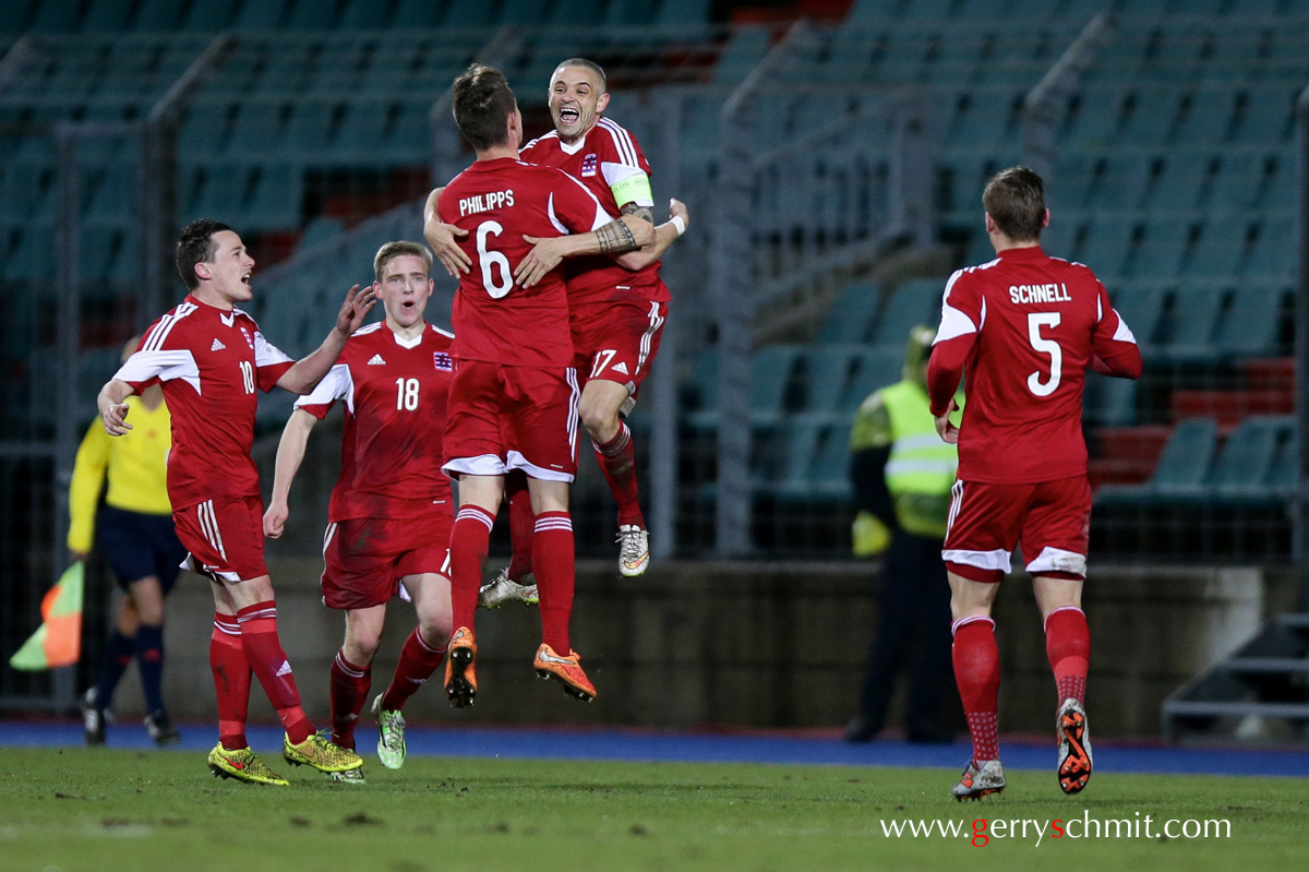 Mario Mutsch of Luxembourg celebrates his goal of 1-1 equalization against Turkey