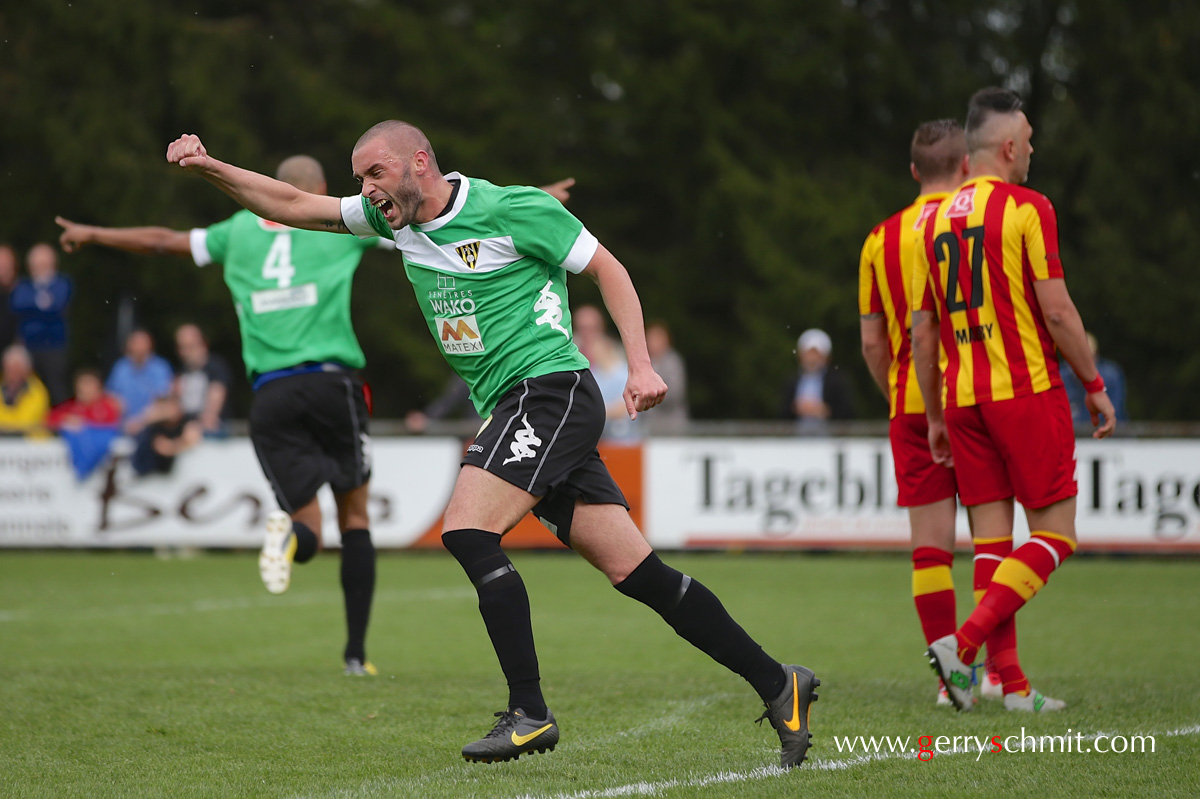 Levy Rougeaux (Progres) celebrates the goal of 1-1 against F91 Dudelange