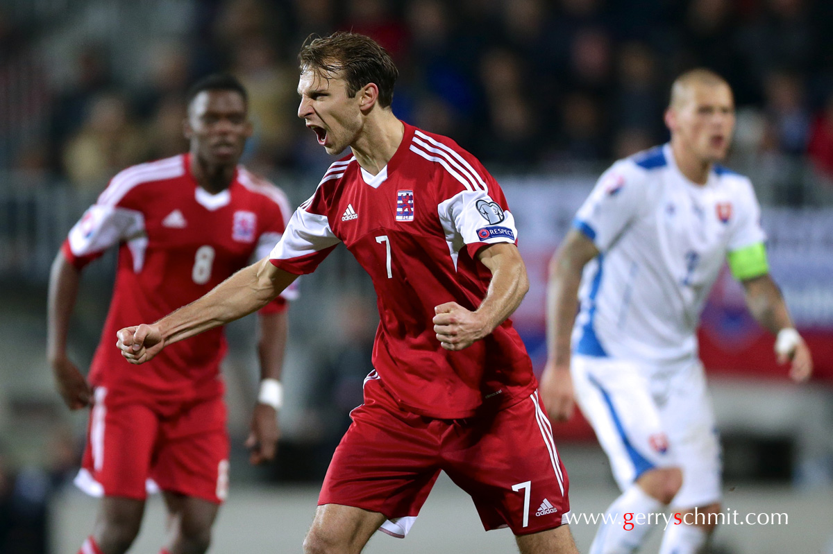 Lars Gerson of Luxembourg celebrates his goal of 2-3 against Slovakia in EM Qualification