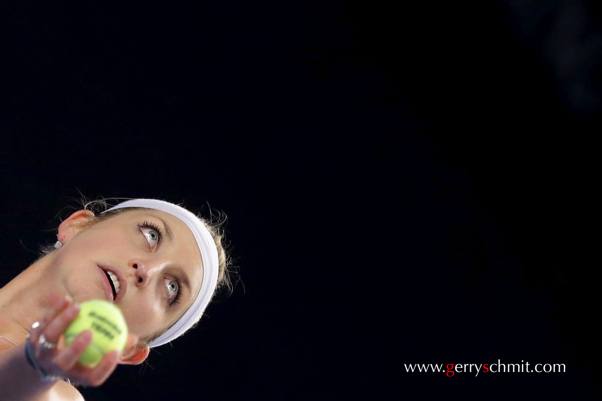 Timea Bacszinsky of Switzerland serving at BGLBNPParibas Open 2015